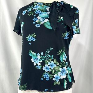 NOTCHES VTG 90s Black Blue Floral Print Short Sleeve Top Neck Tie Womens M Fairy